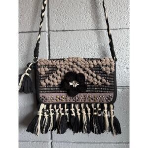 America & Beyond Neutral Bohemian Woven Textile Crossbody Bag with Puka Shells